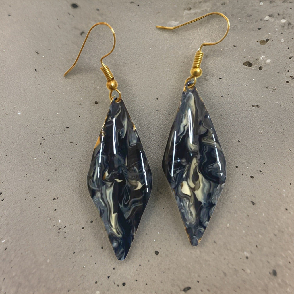 Hand Painted Black & White Marbleized Hammered Wavy Dangle Earrings by The Urban Charm