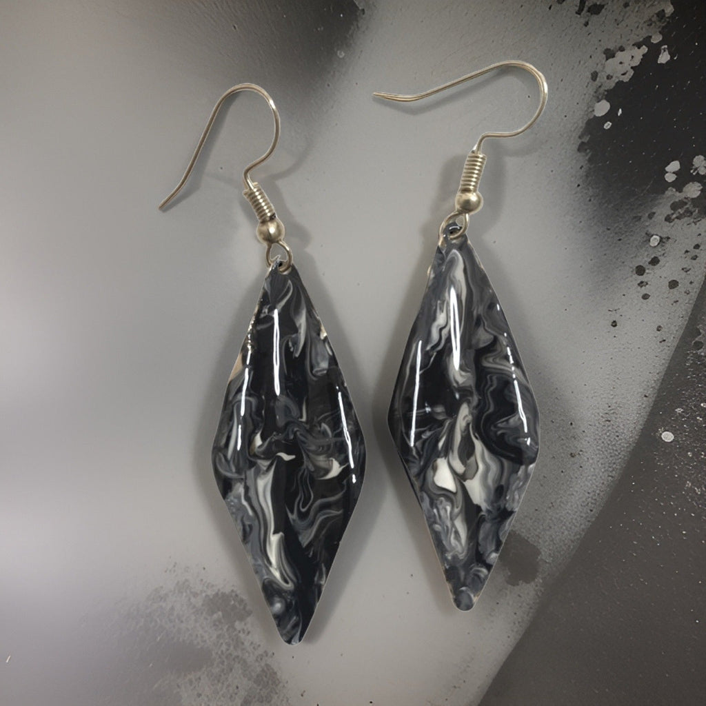 Hand Painted Black & White Marbleized Hammered Wavy Dangle Earrings by The Urban Charm