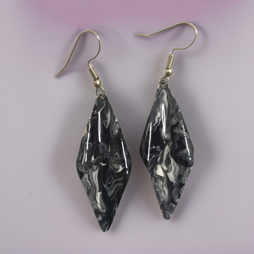 Hand Painted Black & White Marbleized Hammered Wavy Dangle Earrings by The Urban Charm