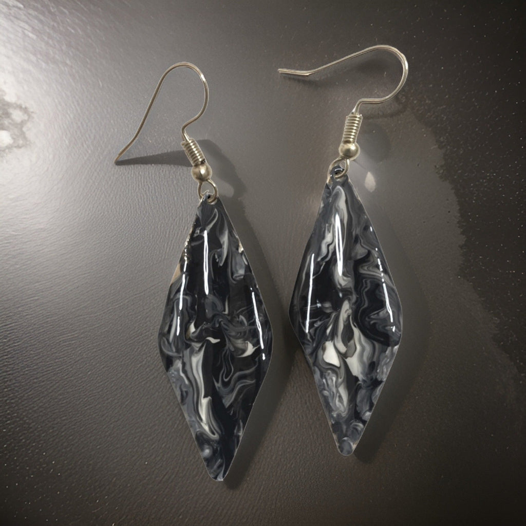 Hand Painted Black & White Marbleized Hammered Wavy Dangle Earrings by The Urban Charm