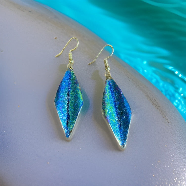 Art Deco Hand Painted Blue Green Wavy Earrings by The Urban Charm