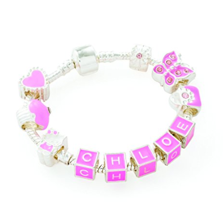 Children's Personalised Name 'Think In Pink' Silver Plated Charm Bead Bracelet by Liberty Charms USA