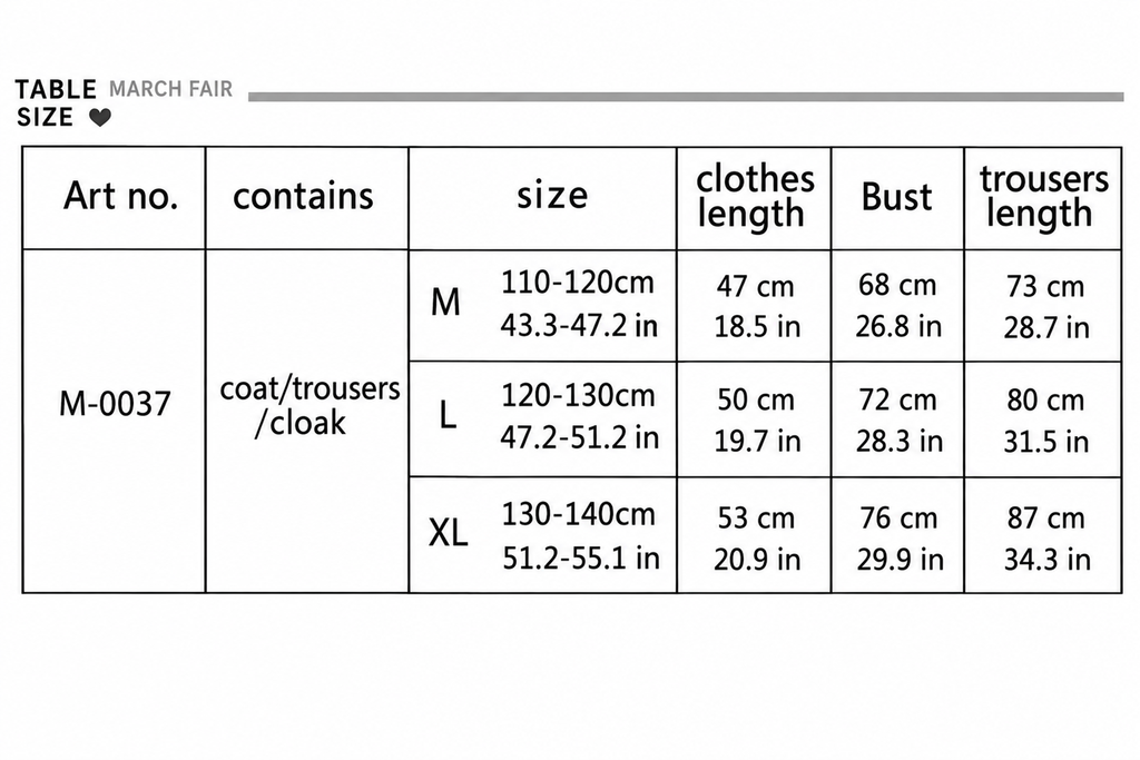 Third chart with centimeter and US inch measurements