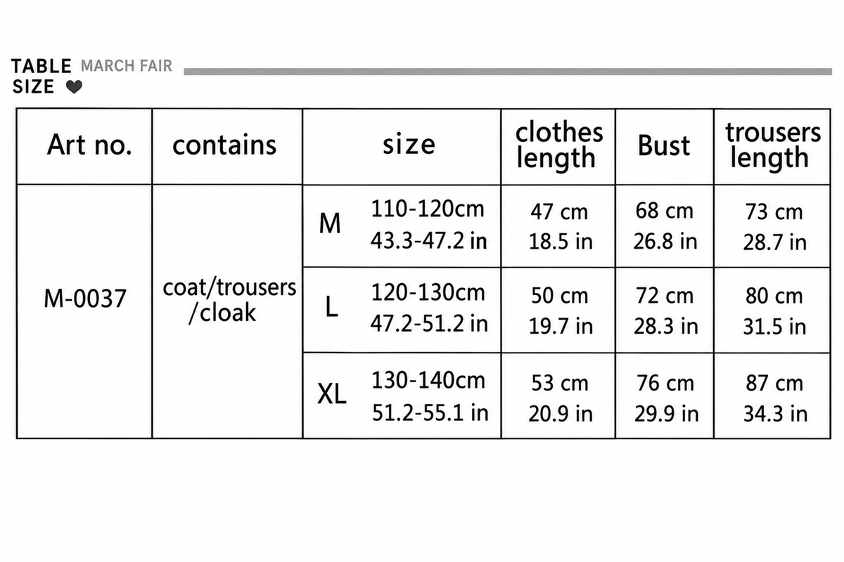 Third chart with centimeter and US inch measurements