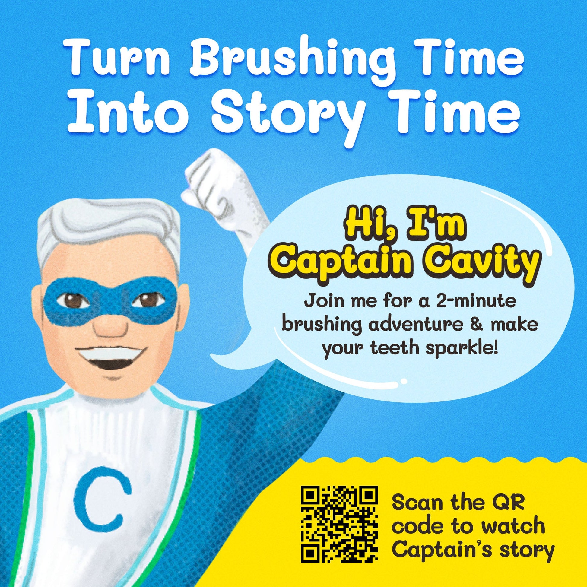 Kids character toothbrush bundle featuring Captain Cavity encouraging 2-minute brushing adventure