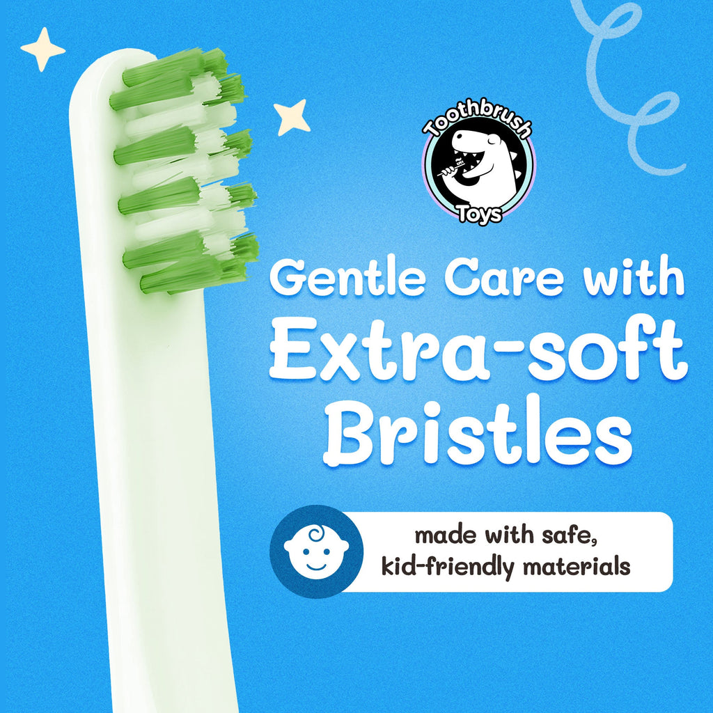 Close-up of kids character toothbrush bundle with extra-soft green bristles from Toothbrush Toys