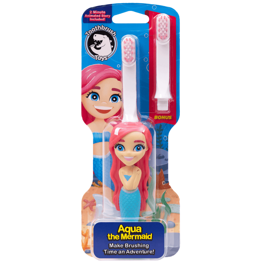 Mermaid toothbrush for kids Aqua the Mermaid with extra brush head in colorful packaging