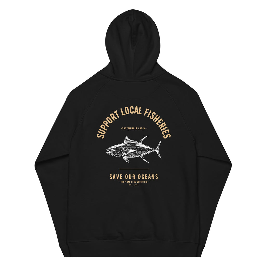 Men's Support Local Fisheries Tuna Eco Raglan Hoodie - Sustainable Hoodie from Tropical Seas Clothing 