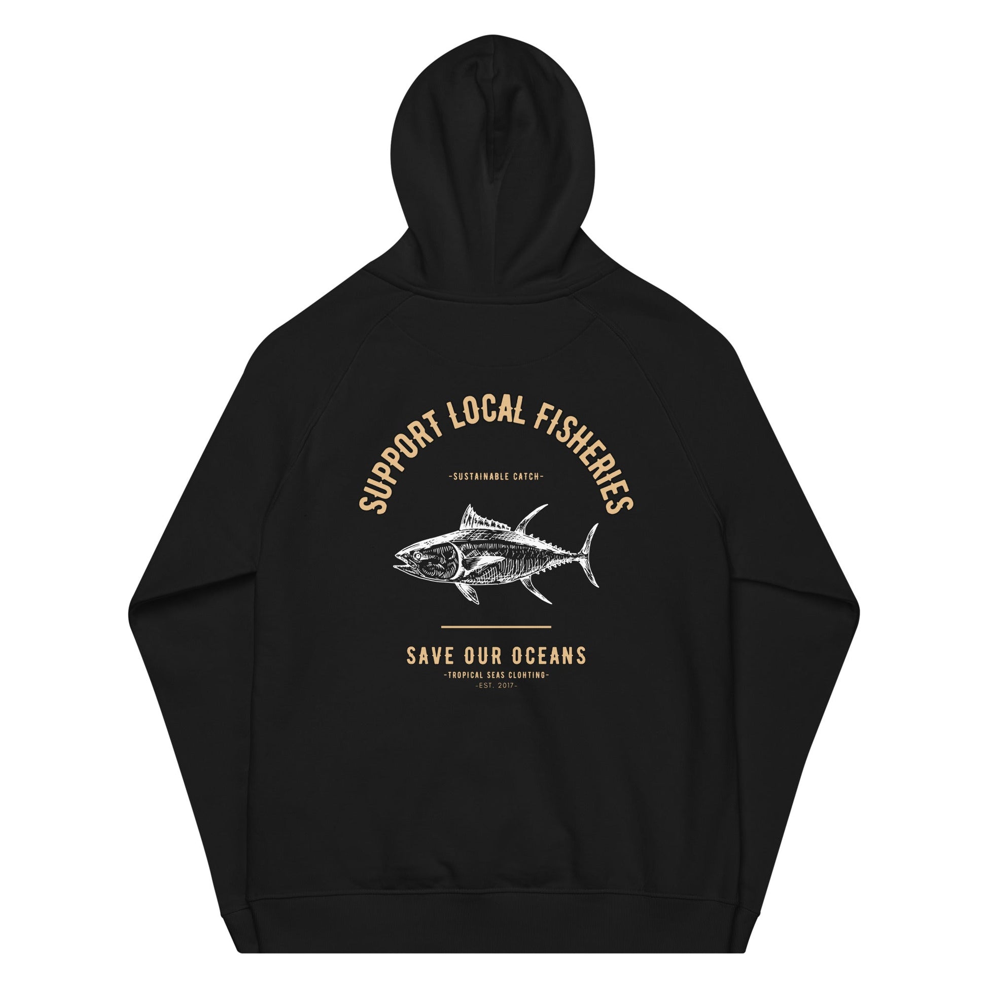 Men's Support Local Fisheries Tuna Eco Raglan Hoodie - Sustainable Hoodie from Tropical Seas Clothing 