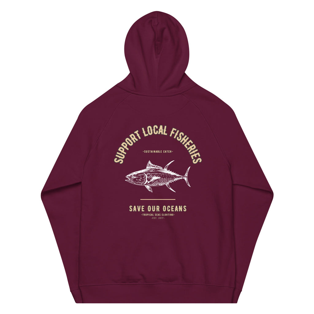 Men's Support Local Fisheries Tuna Eco Raglan Hoodie - Sustainable Hoodie from Tropical Seas Clothing 