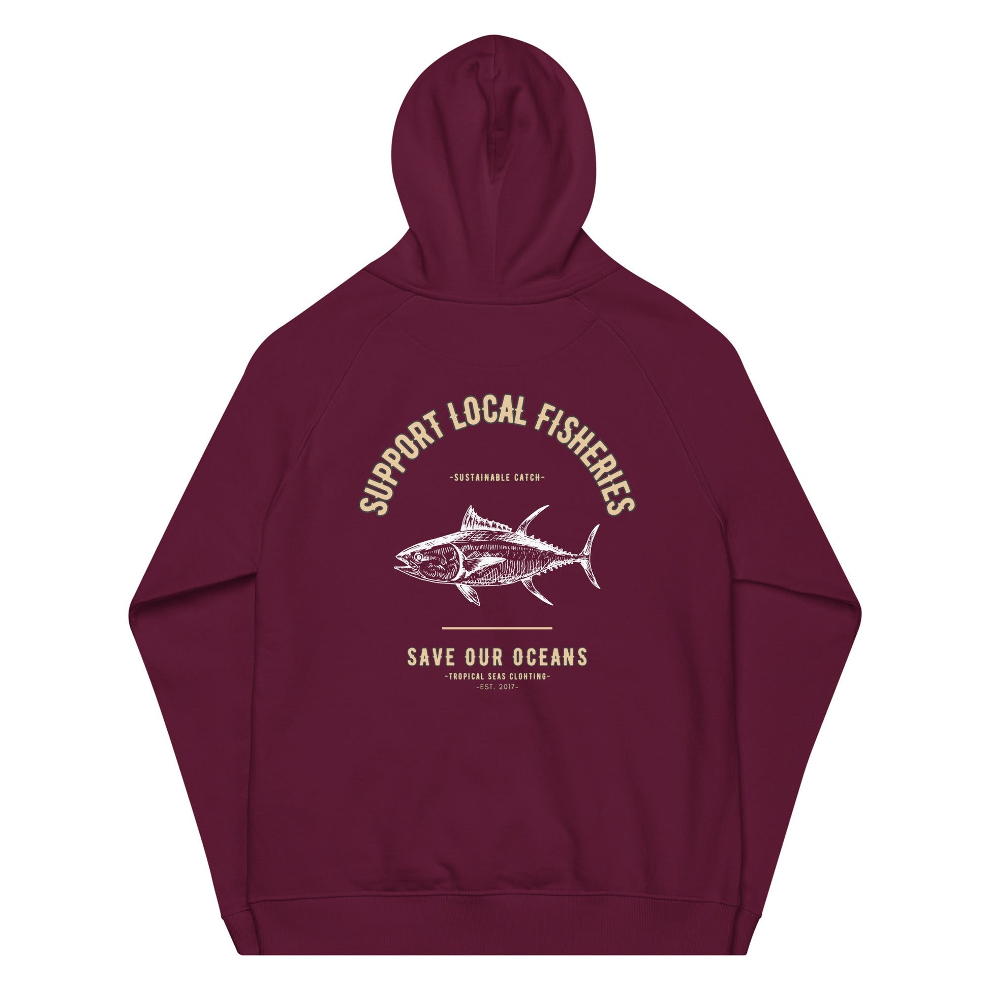 Men's Support Local Fisheries Tuna Eco Raglan Hoodie - Sustainable Hoodie from Tropical Seas Clothing 