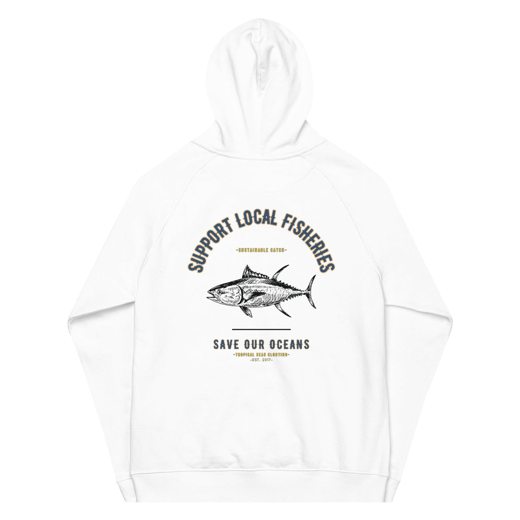 Men's Support Local Fisheries Tuna Eco Raglan Hoodie - Sustainable Hoodie from Tropical Seas Clothing 