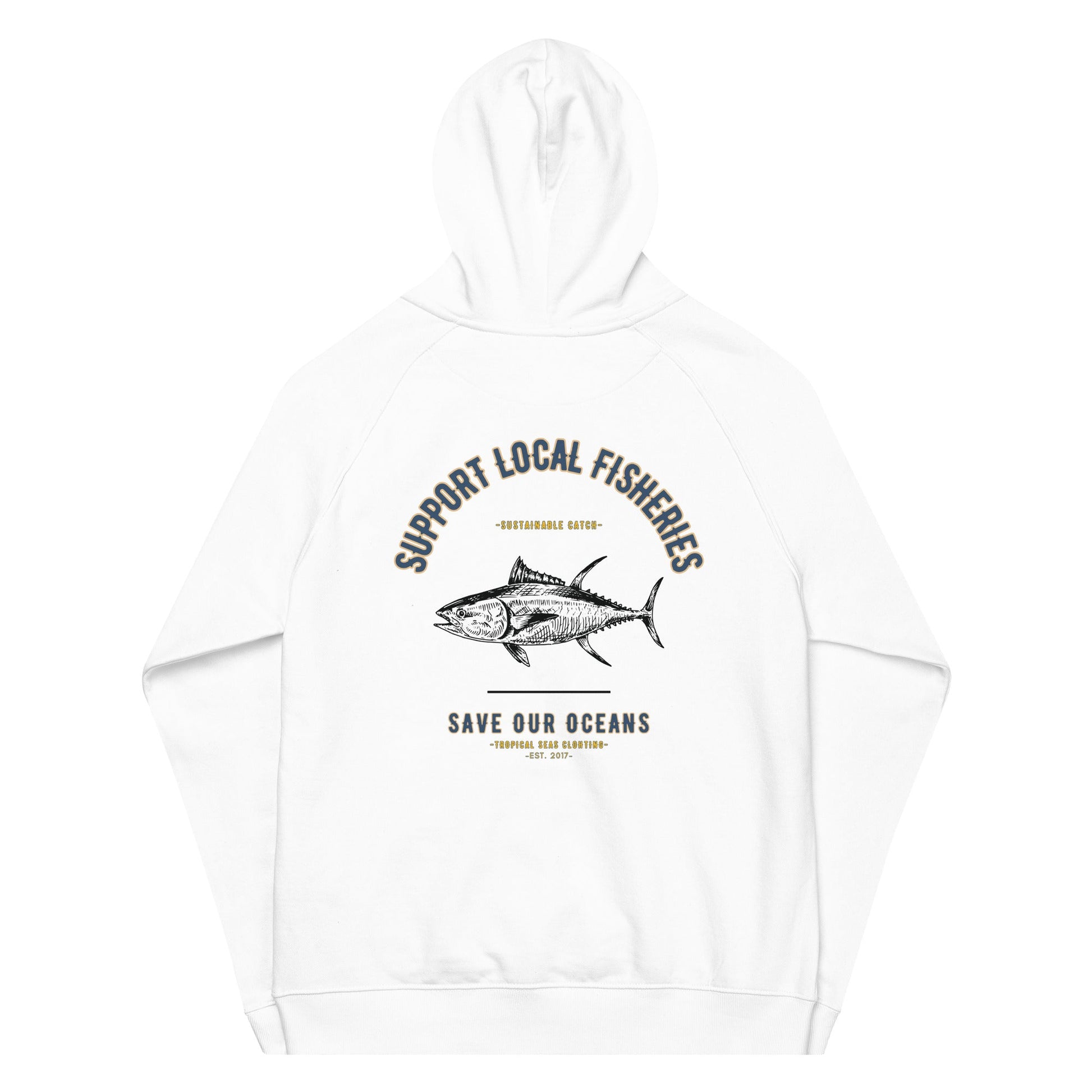 Men's Support Local Fisheries Tuna Eco Raglan Hoodie - Sustainable Hoodie from Tropical Seas Clothing 