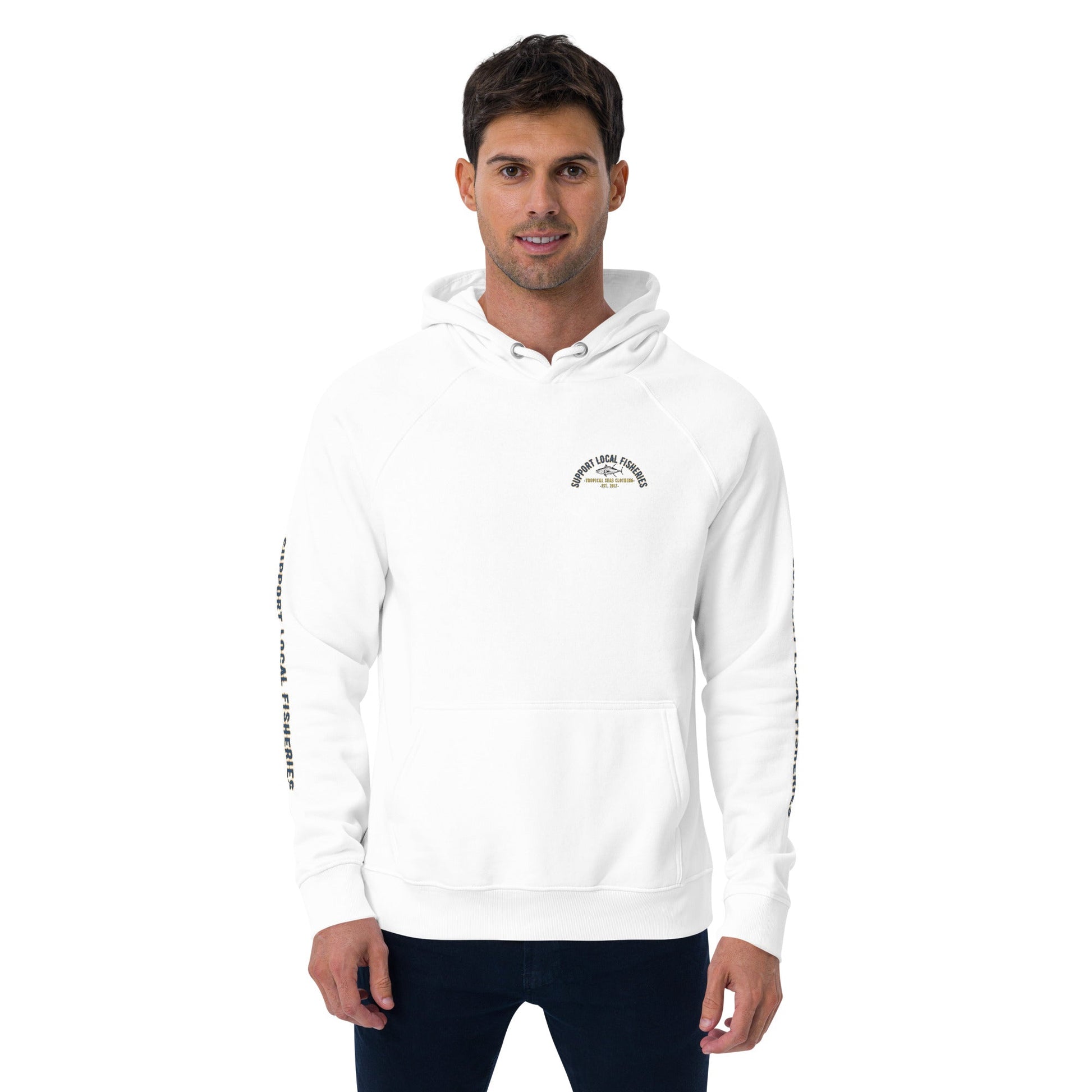 Men's Support Local Fisheries Tuna Eco Raglan Hoodie - Sustainable Hoodie from Tropical Seas Clothing 